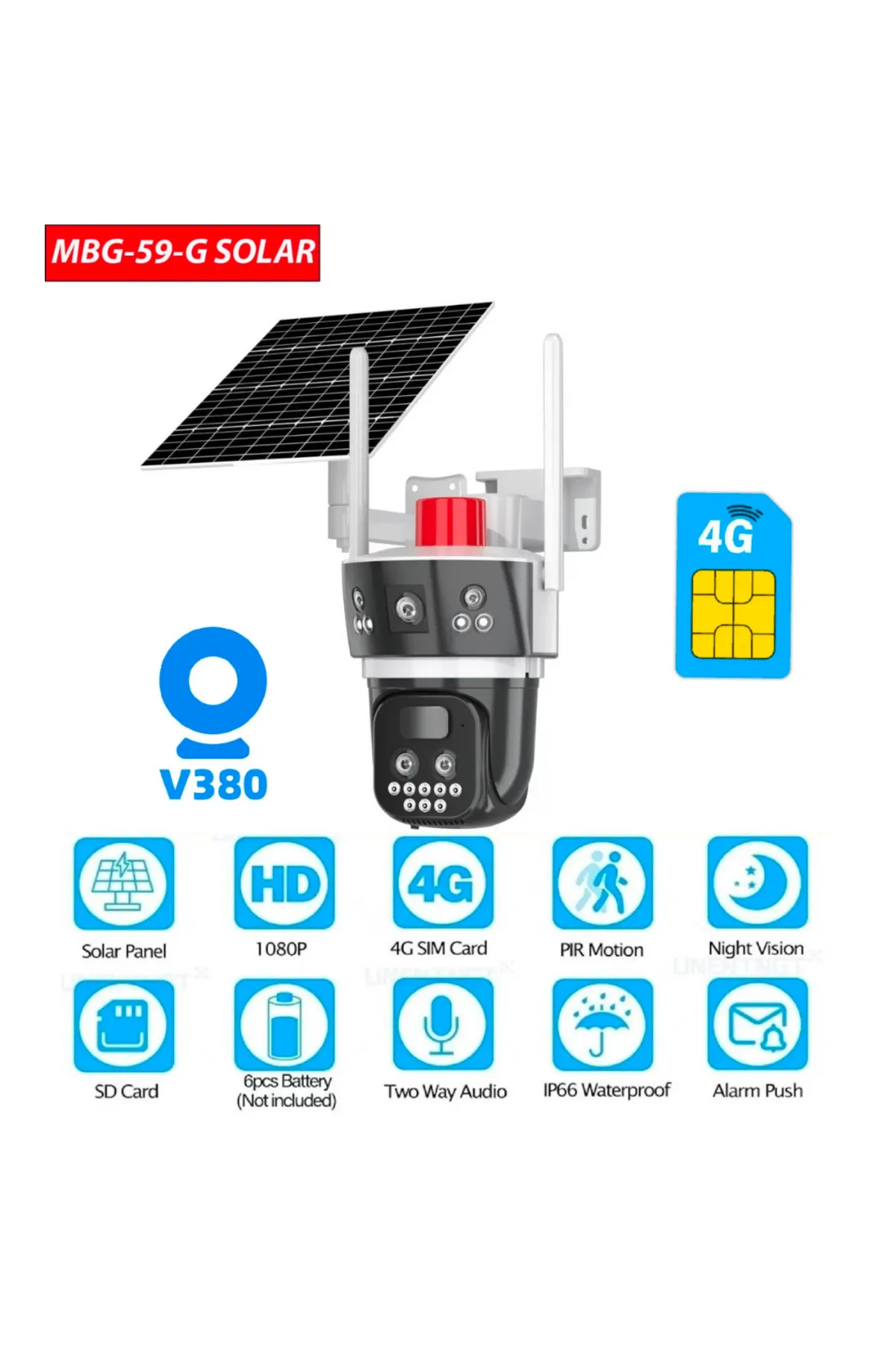 59G 4G Güneş Enerjili Sim Kartlı 10x Optik Zoom 4+4 MP Solar Güvenlik Kamerası, 360 Derece Açı